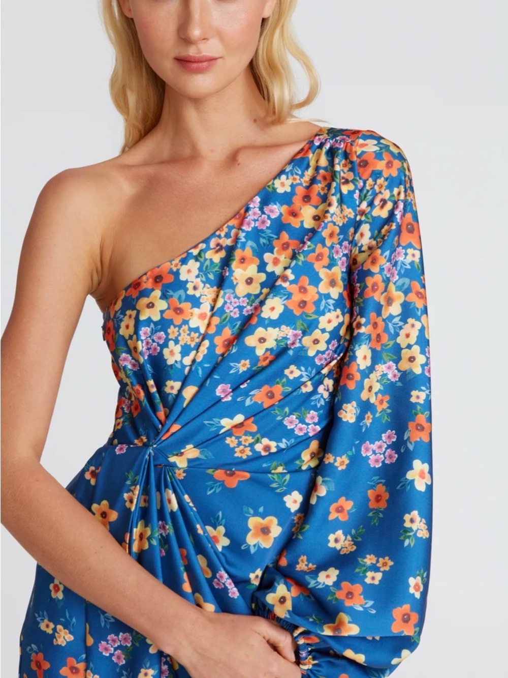NWT AMUR One-Shoulder Blue Floral Twist-Front Midi Dress SIZE 4 - Picture 3 of 8